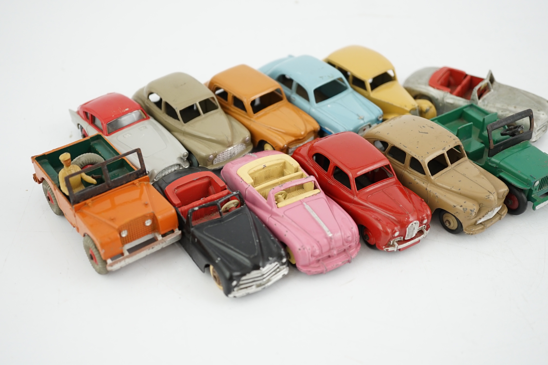 Twelve Dinky Toys, including; Austin Somerset, Triumph, Ford Zephyr, Morris Oxford, Vanguard, Simca 8 Sport, etc.